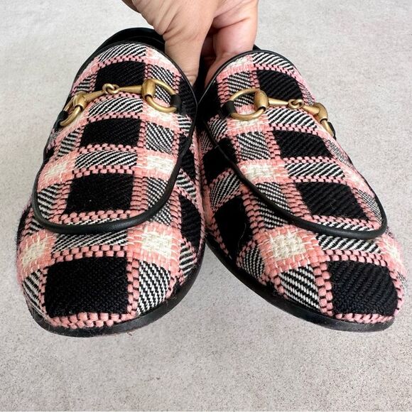 Gucci Jordaan Horsebit Tweed Black & Pink Check Flat Loafers EU37 US7 - Picture 8 of 10